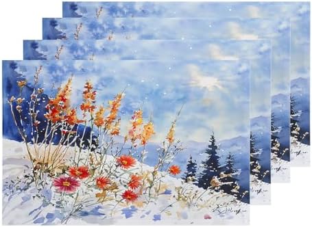 Shrahala Winter Flowers Landscape Set Of 4 12 X 18 Inch Linen Placemats , Red Orange Watercolor Poppies Burlap Table Mat Washable Double Layered Heat Insulation For Indoor/Outdoor