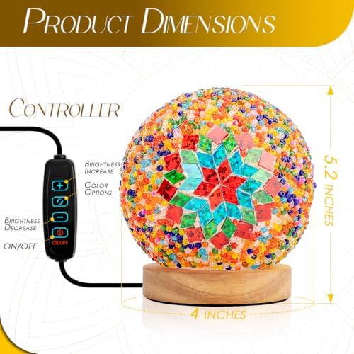 Turkish Mosaic Lamp, 3 Color Temperature Tiffany Bedside Lamp with USB Power, Moroccan Glass Lantern Table Lamp for Living Room Decor, Simple Control (D:4.7" x H:5.2") (Color2)