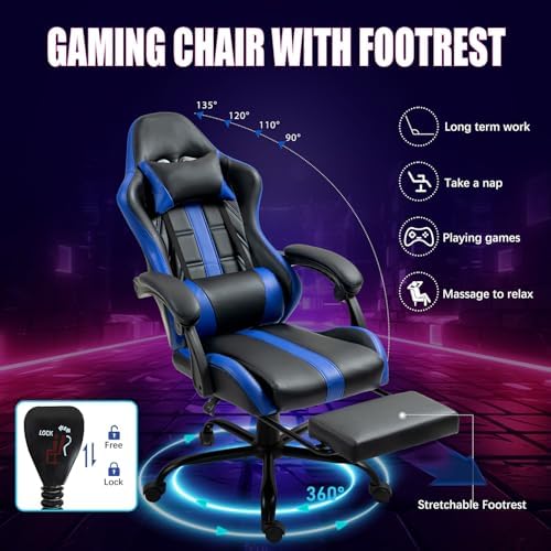 Gaming Chair with Ergonomic Footrest & Massage Lumbar Support, Blue