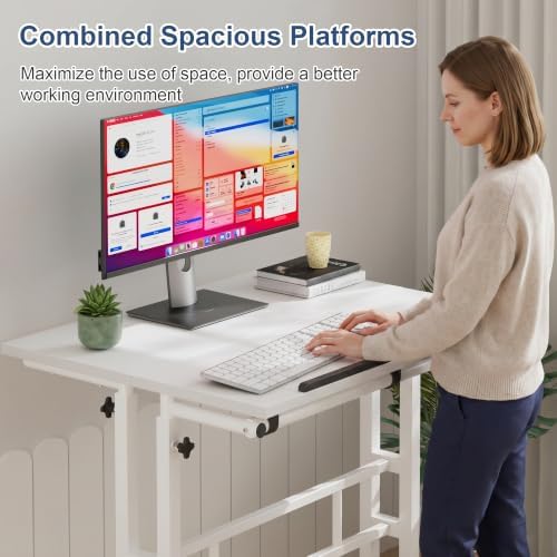 VECELO Mobile Small Standing Desk Adjustable Height, Computer Workstations with Tiltable Tabletop, Lockable Wheels, Portable Rolling Laptop Desk for Home Office, White