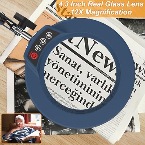12X Large Magnifying Glass with Light and Clamp, Real Glass, 5 Color Modes, Stepless Dimmable, 2 x 16 Inch Adjustable Swing Arm Stand Desk Lamp, LED Lighted Magnifier Hands Free for Close Work - Blue