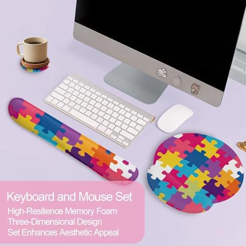 Autism Awareness Puzzle Colorful Keyboard Wrist Rest Pad and Mouse Pad Wrist Support Set,3-in-1 Ergonomic Mouse Pad with Non-Slip Rubber Base for Home Office Game Computers Desk,
