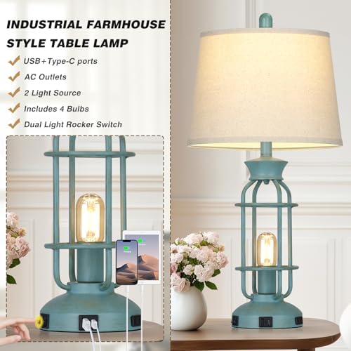 28" Tall Farmhouse Table lamps for Living Room, Vintage Industrial Table Lamp with USB C+A Ports & Outlet, Rustic Bedside Lamps with 2 Nightlight & Linen Fabric Shade for Nightstand Bedrooms Desk Blue