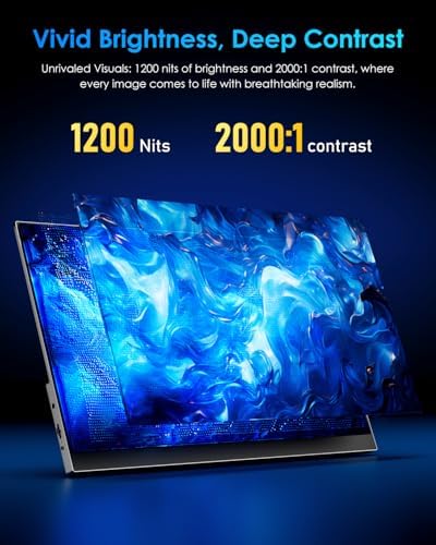 Yodoit 4K Portable Monitor, 16" 3840×2400 UHD IPS Travel Screen 1200nit Sunlight-Readable with 145% sRGB, 2000:1 Contrast for Photo Editing Outdoor Work Compatible with Laptop PC Mac PS5 Black