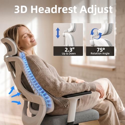 High Back Ergonomic Desk Chair with Adjustable Lumbar Support and Headrest Home Office Desk Chair with flip-up Armrests for Home, Office, Gaming, Student（White）