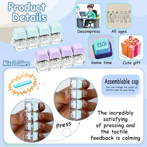 2 PCS Keyboard Fidget Toy, Keyboard Fidget Keychain 4-in-1 Keyboard Decompression Button Finger Clicker Toys, Button Stress Relief Fidget Gifts to Relief Stress (Purple Blue)
