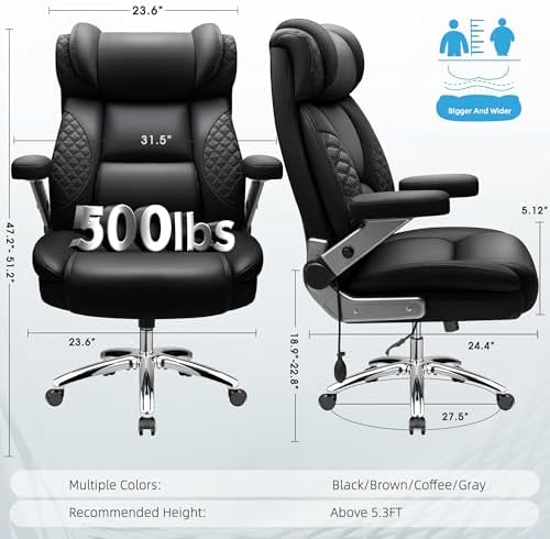 Big and Tall Office Chair, Desk Computer Chair for Heavy People, Oversized Executive Gaming Chair, Extra Wide 500LBS Ergonomic Comfy Office Chair with Adjustable Lumbar Support & 5D Flip Arms
