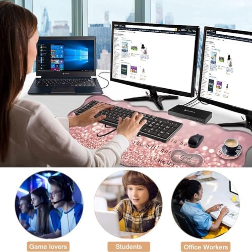 Mouse Pad with Wrist Support + Desk Mat + Coaster 3 in 1 Set, XL Large Gaming Mousepad Ergonomic Mouse Pads for Desk Computer Laptop Office,Rose Gold Glitter Quote Bible Verse Psalm 46-5