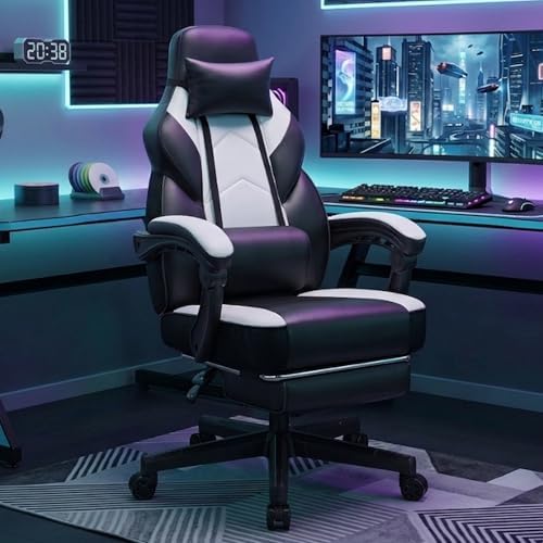 Gaming Chair for Adults, Video Game Chair with Footrest, Big and Tall Gaming Chair Heavy Duty Computer Chair with Massage Lumbar, Ergonomic Adjustable Height and 360° Swivel Seat, PU Leather, White