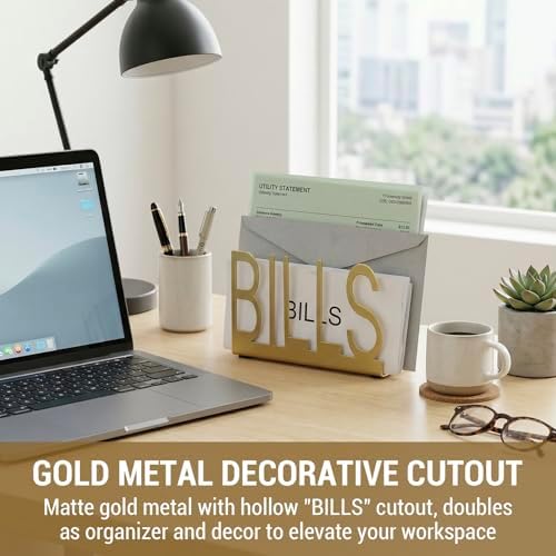 MyGift Gold Metal Mail Sorter, Desktop Bills Letter Holder Organizer