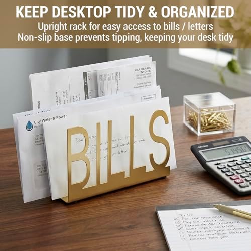 MyGift Gold Metal Mail Sorter, Desktop Bills Letter Holder Organizer