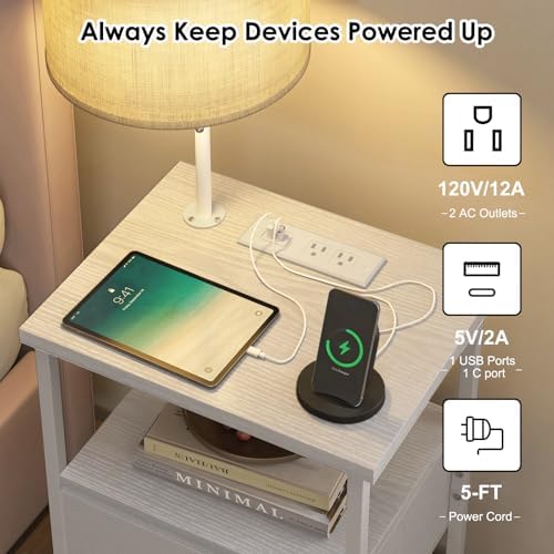 Fixwal Bedside Table with 3 Color Temperatures Bulb Attached, Nightstand with Charging Station and Lights, End Table with Fabric Drawer for Bedroom & Dorm (White)