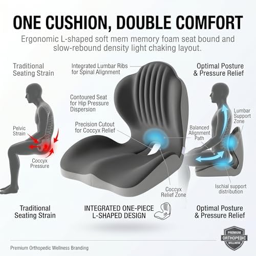 Memory Foam Seat Cushion with Lumbar Support, Ergonomic L-Shaped Car & Office Chair Cushion for Long Sitting, Orthopedic Coccyx Pillow for Sciatica & Back Pain Relief for Truck Drivers, Gaming & Home