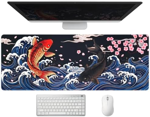 Extended Koi Fish Desk Mat, XL Large Gaming Mouse Pad, Japanese Great Wave Sakura Stitched Edges Waterproof with Non-Slip Rubber Base for Computer Keyboard Laptop Work Home Office 31.5"x11.8"