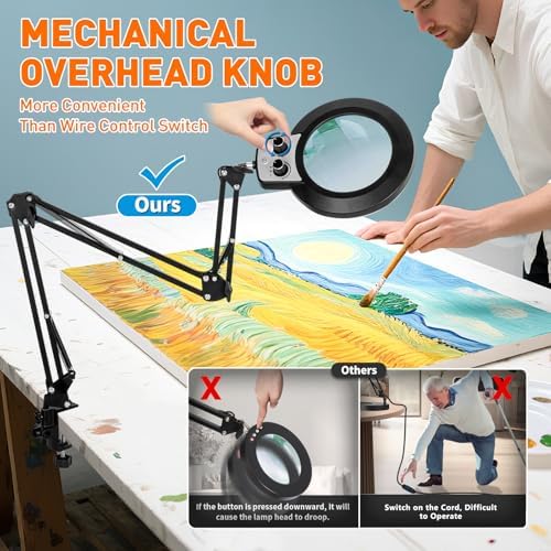 KIRKAS 12X Magnifying Glass with Light and Stand, Extra-Long Arm Knob