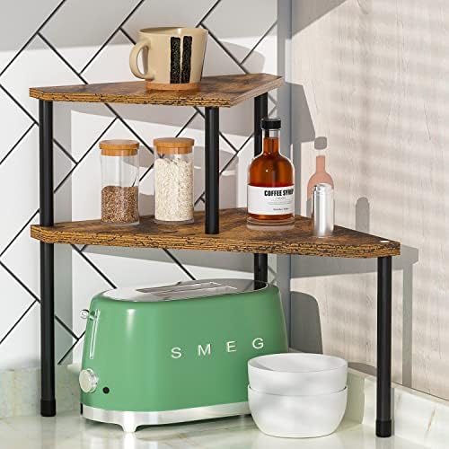 Weenson Kitchen Countertop Organizer Spice Rack for Salt, Bathroom Counter Organizer Over Sink for Toiletries, Makeup, 2-Tier Corner Counter Shelf for Coffee Area Storage Dresser Table(Rust Brown)