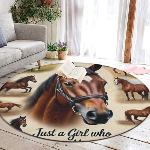 Soft Round Yoga Carpet, Large Home Decor Mat, Non Slip Machine Washable Kitchen Office Circle Rug Just A Girl Who Loves Horses