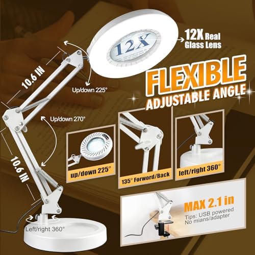 Toolastra 12X Magnifying Glass with Light and Stand, 144 LEDs Brightest Desktop Magnifying Lamp, 10 Dimmable Brightness 5 Color Modes, Hands Free Metal Desk Lamp for Craft Reading Painting (White)