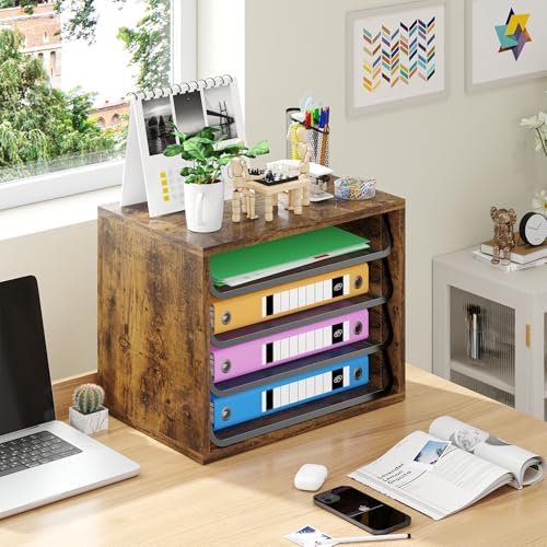 Simple Trending 4-Tier Desk File Organizer, Paper Organizer, Rustic Brown