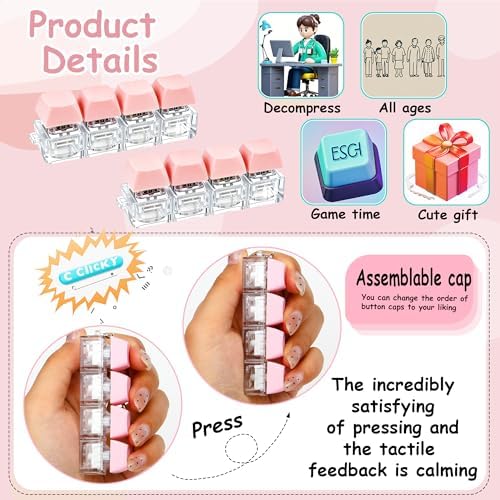 2 PCS Keyboard Fidget Toy, Keyboard Fidget Keychain 4-in-1 Keyboard Decompression Button Finger Clicker Toys, Button Stress Relief Fidget Gifts to Relief Stress (Pink)