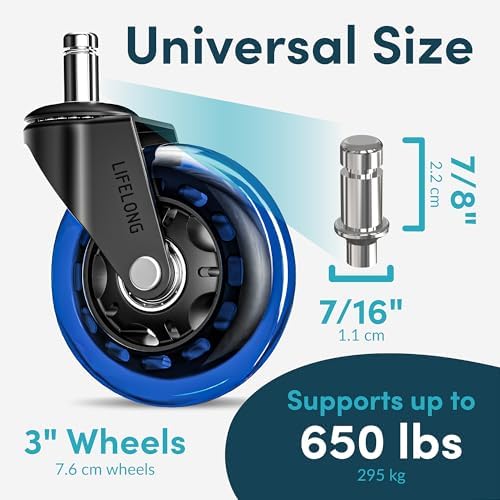 Lifelong Office Chair Wheels Replacement, Heavy Duty, Blue, 5-Pack Fits 98%