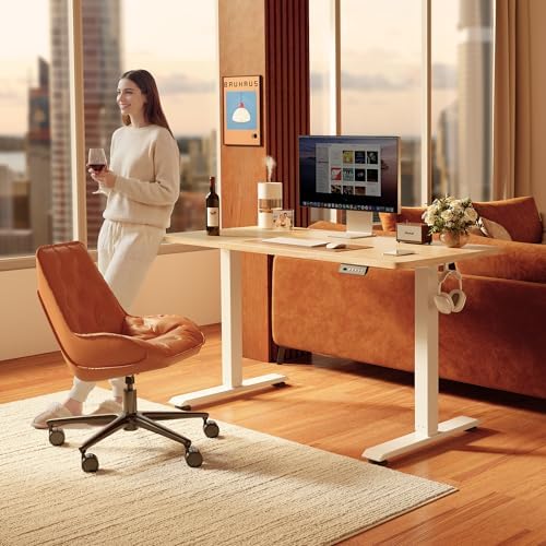 FEZIBO 40 x 24 Inchs Electric Standing Desk, Height Adjustable, Sit Stand Up, Computer Office Desk with Splice Board, White Frame/Maple Top