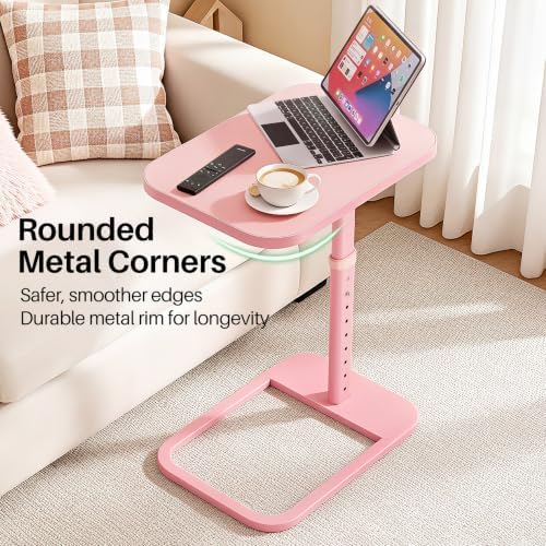 Kitstorack TV Tray Table, Adjustable Height & Rounded Metal Corners, Snack Table for Couch, Sofa, Bed, Chair, Living Room, C Shaped End Side Table for Eating, Dinner or Laptop, Small Spaces, Pink