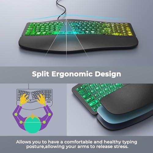 MEETION Wired Ergonomic Keyboard with Backlit Keys and Wrist Rest, Black