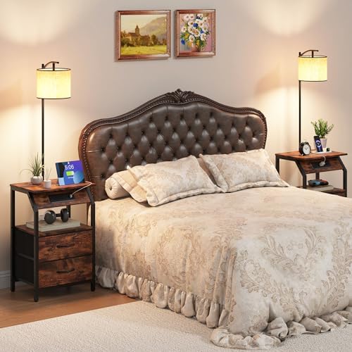 End Table with Floor Lamp, Nightstand with Charging Station, Floor Lamp Table with 3-Color Temperature Bulb, Bedside Table Night Stand with 2 Drawers for Bedroom, Living Room, Brown