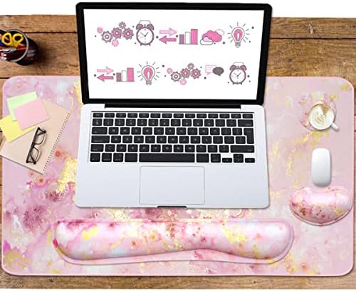 4-in-1 Large Gaming Mouse Pad, Keyboard Wrist Rest Pad & Wrist Support Mousepad Set, Extended Desk Pad Waterproof Desk Mat for Home Office Study Game-Pink Gold Marble
