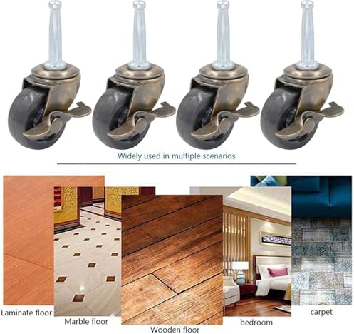 1-1/2 Inch Antique Brass Caster Wheels with Brake, Rubber Casters 5/16 Inch x 1-1/2 Inch (8 x 38mm) Stem Sockets Caster for Sofa, Chair, Cabinet, Dresser Vintage Furniture Set of 4