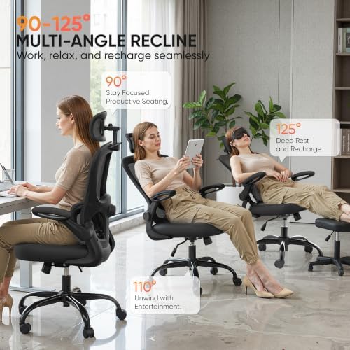 VUSIGN Ergonomic Office Chair, High Back Mesh Desk Chair with Adjustable 3D Headrest & Lumbar Support, Flip-Up Arms, 300lbs Wide Seat Swivel Rolling Computer Gaming Chair, for Home Office - Black