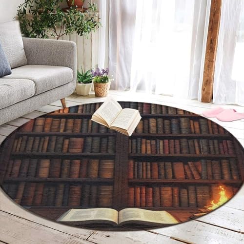 Women's Large Home Decor Mat, Soft Round Yoga Carpet, Non Slip Machine Washable Home Office Circle Rug Vintage Bookshelf Library Books