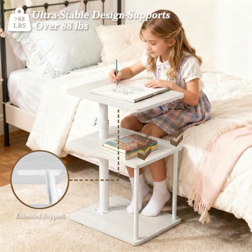 Faesun 360° Swivel Side Table for Height Adjustable, C Shaped End Table for Couch with Storage, 3-Tier Night Stand with Open Shelf, Tv Tray for Small Spaces, Living Room, Bedroom, White