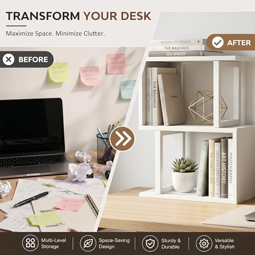 Desk Shelf Organizer, Small Desktop Bookshelf Wood, White