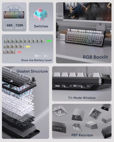 RedThunder K95 S Wireless Mechanical Gaming Keyboard, Hot Swappable Creamy Keyboard with Knob, RGB Backlit, Pre-lubed Linear Switches, Side Engraved PBT Keycaps, Wireless/Wired/BT5.0, Gradient Gray