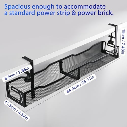 Under Desk Cable Management Tray 25.3 Inch, Clamp-On Cable Organizer Box for Standing Desks, No Drill Cord Management Under Desk, Large Desk Wire Organizer for Office & Home, Black