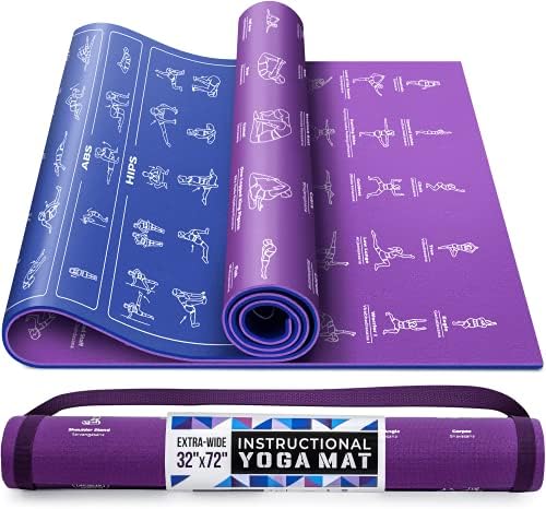 Instructional Yoga Mat with Carrying Strap: Cute Yoga Mat with 75 Illustrated Yoga Poses + 75 Easily-Followed Stretching Exercises - 1/4” Thick, Non-Toxic, Non-Slip Yoga Mats for Women and Men