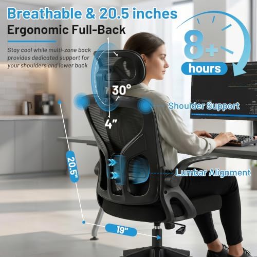 Office Chair Ergonomic Desk Chair with Adjustable Headrest Lumbar Support, High Back Breathable Mesh Chair with 120° Tilt & Flip-Up Armrests, Swivel Comfy Task Computer Chair for Work, Study