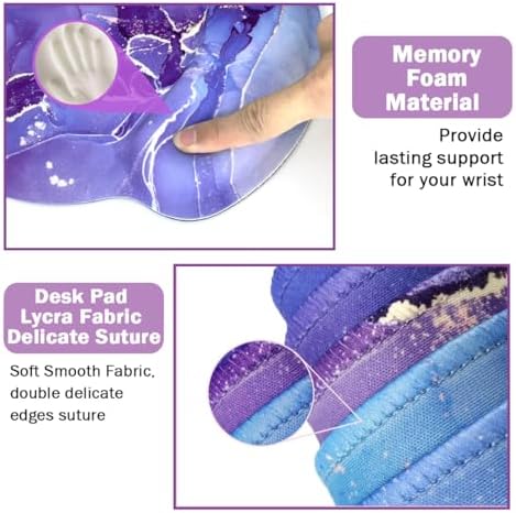 4-in-1 Gaming Mouse Pad Wrist Support Set，Desk Pad + Mouse Pad with Wrist Rest + Keyboard Wrist Rest + Coaster, Ergonomic Design for Home Office Study Game - Purple Marble