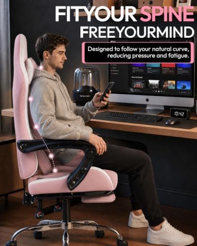 Dowinx Ergonomic Gaming Chair with Footrest & Massage Lumbar, 2D-Linkage Armrests for Computer Chair 330lbs with Headrest Pillow for Office, Home, Streaming and Long Gaming Sessions, Bright Pink