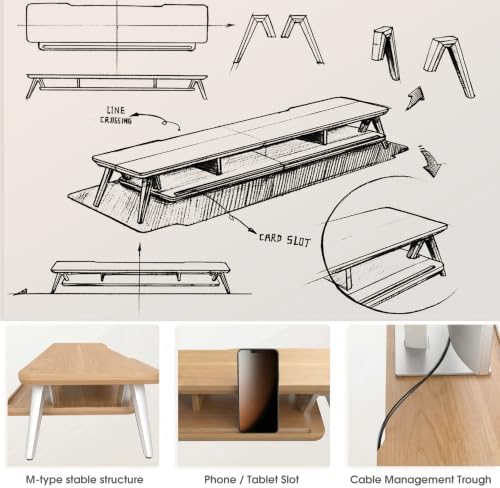 Fenge Dual Monitor Stand Riser, Wooden Desk Shelf with 2-Tier Storage