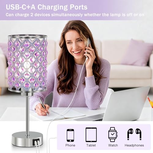 GyroVu Purple Crystal Bedside Table Lamps Set of 2 with USB C+A Ports