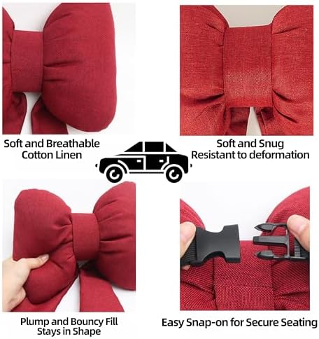2PCS Chic Car Headrests with Bow-Shaped Cotton Linen Bowknot Neck Pillows for Cozy Road Trip & Cute Interior Decoration (Red)