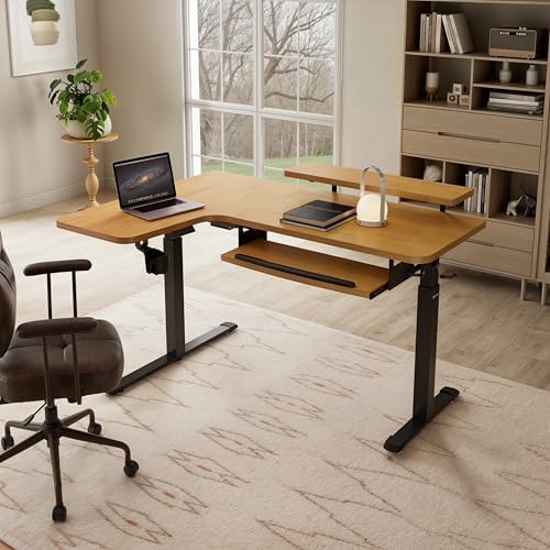 EUREKA ERGONOMIC L Shaped Standing Desk w Keyboard Tray,61" Electric Corner Standing Desk, Computer Desk w LED Monitor Stand,Dual Motor,Solid Wood,Left/Oak