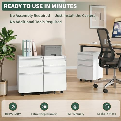 3 Drawer White File Cabinet with Lock, Rolling Under Desk Cabinet