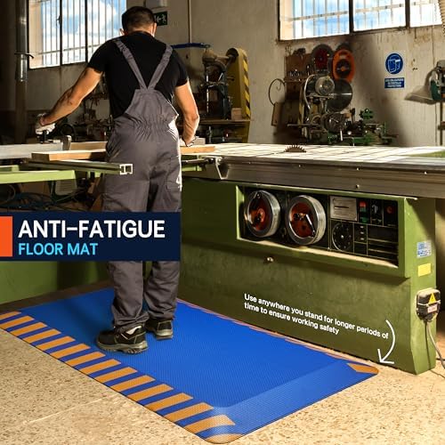 FEATOL Anti Fatigue Mat Industrial, Ergonomic Standing Floor Mat for Work for Stand, Safety Support for Leg & Back Pain(Blue with Yellow Border, 17" x 24", 2PC)