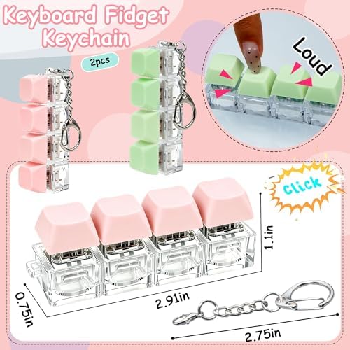 2 PCS Keyboard Fidget Toy, Keyboard Fidget Keychain 4-in-1 Keyboard Decompression Button Finger Clicker Toys, Button Stress Relief Fidget Gifts to Relief Stress (Green Pink)