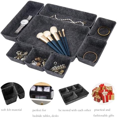 Felt Desk Drawer Organizer, 8pcs Shallow Storage Trays Bins, Office Accessories Box Inserts College Jewelry & Makeup Boxes Containers(Black)