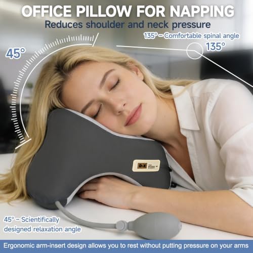 Desk Pillow for Napping, Neck Pillow for Office Chair Headrest, Neck Support Pillows for Desk Sleeping, Inflatable Neck Pillow for Work/Travel/Airplane, Face Down Pillow, Adjustable Height (Grey)